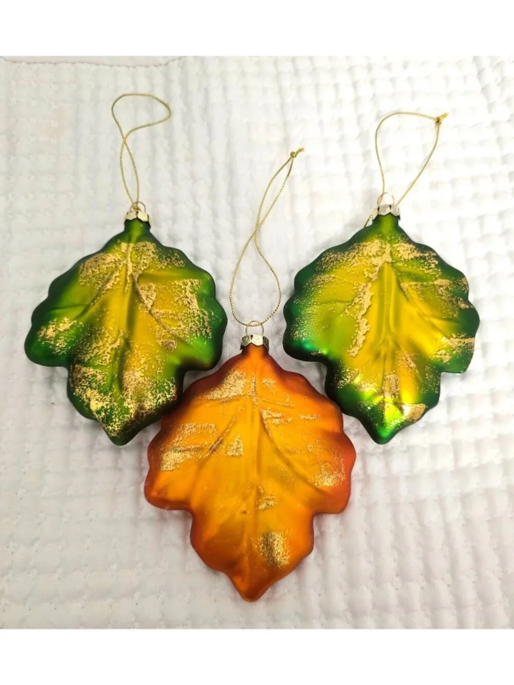 Vntg Set/3 Glass Maple Leaf Ornaments Gold Accent Green Orange Fall Christmas